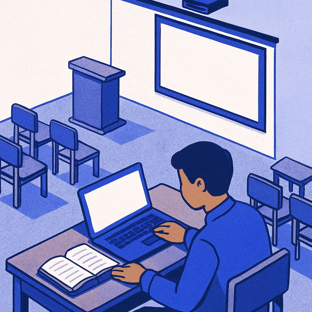 Mahasiswa belajar di meja dengan laptop dan buku