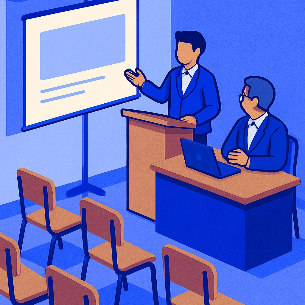 Mahasiswa sedang presentasi di depan dosen