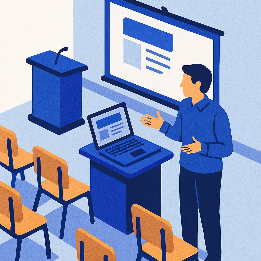 Mahasiswa berlatih presentasi di depan laptop