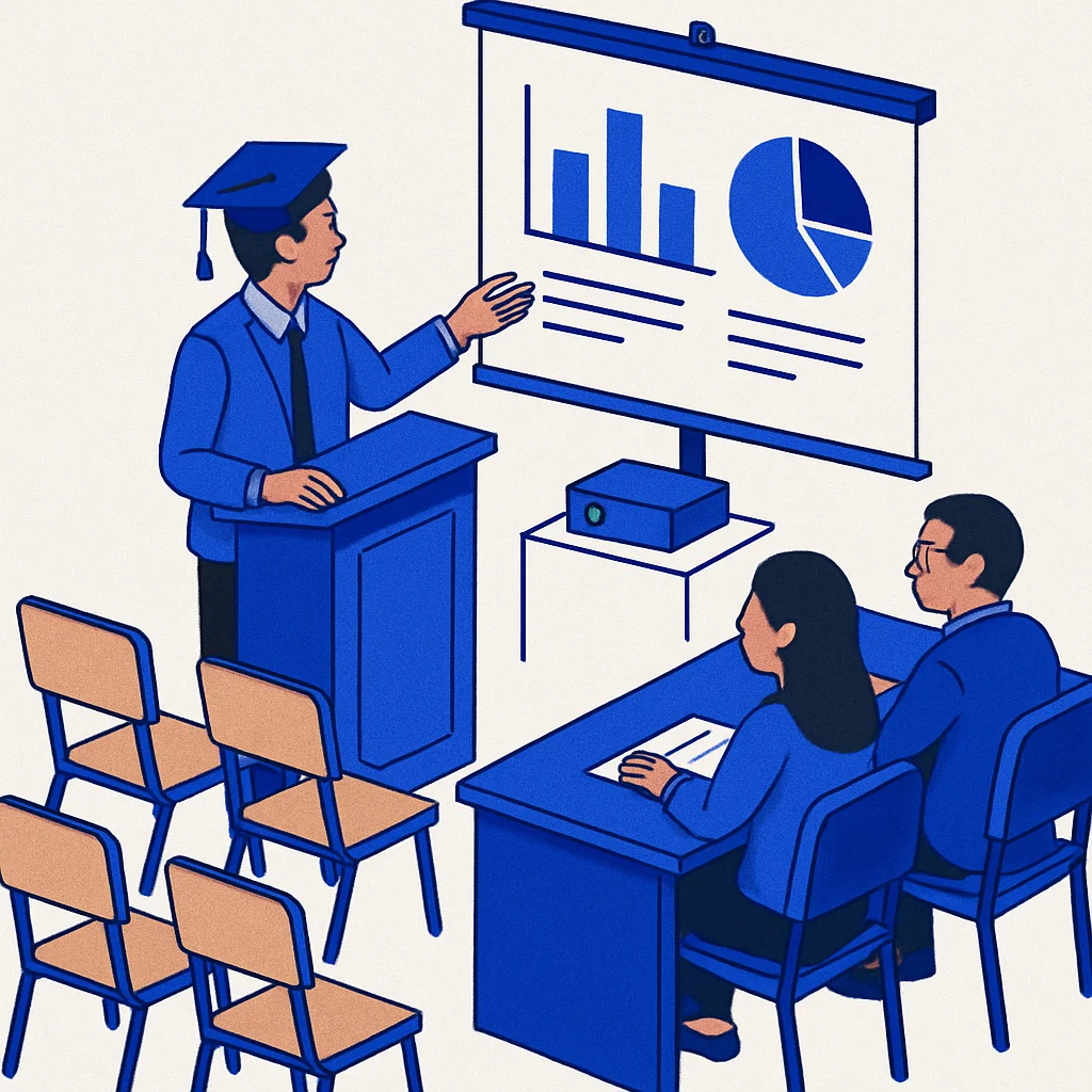 Mahasiswa mempresentasikan data di depan dosen