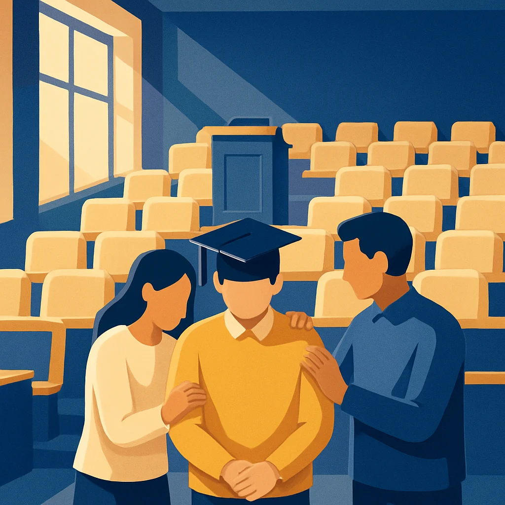 Mahasiswa mendapatkan dukungan dari teman sebelum sidang