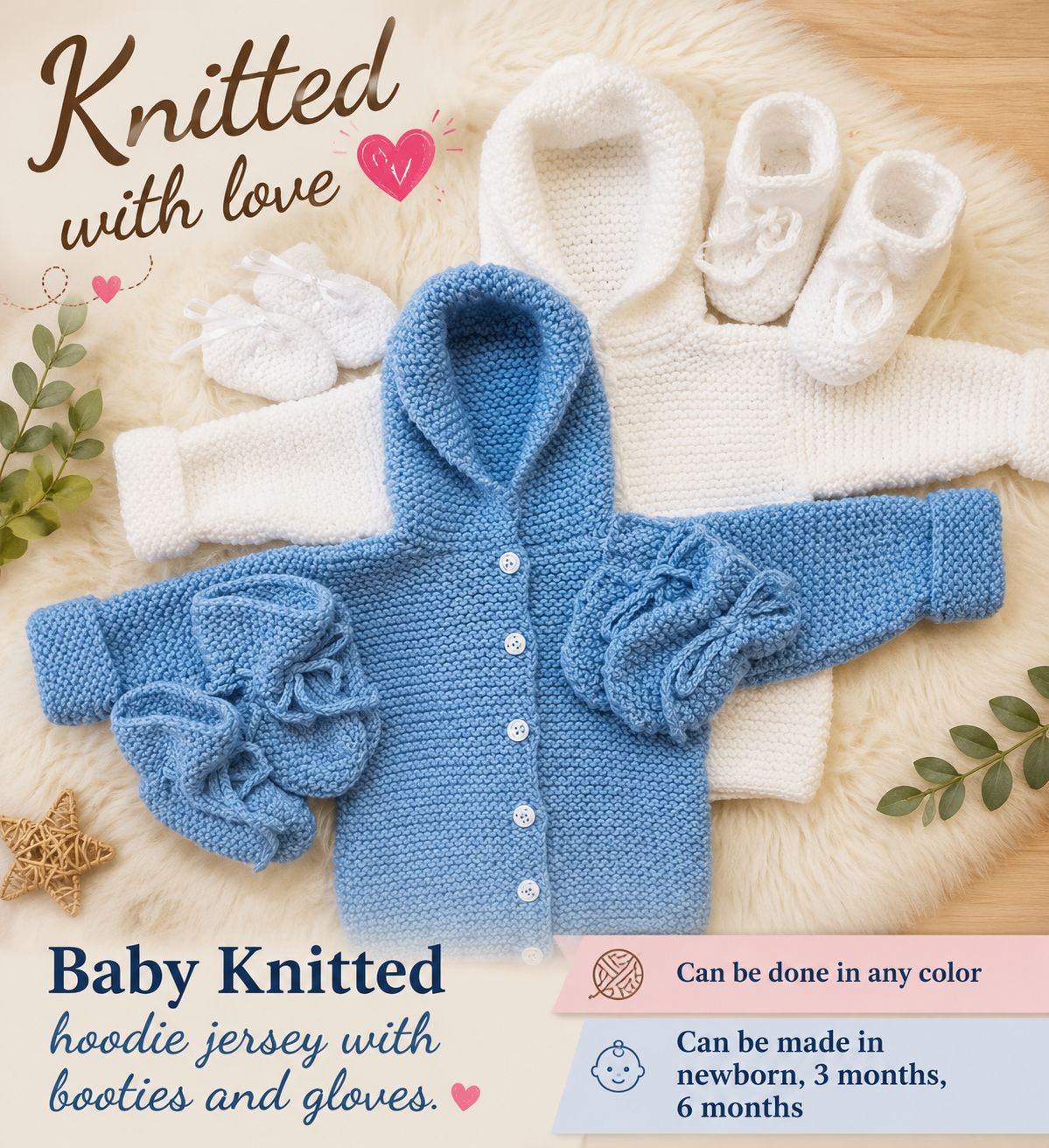 Baby knitted hooded jersey with booties and gloves