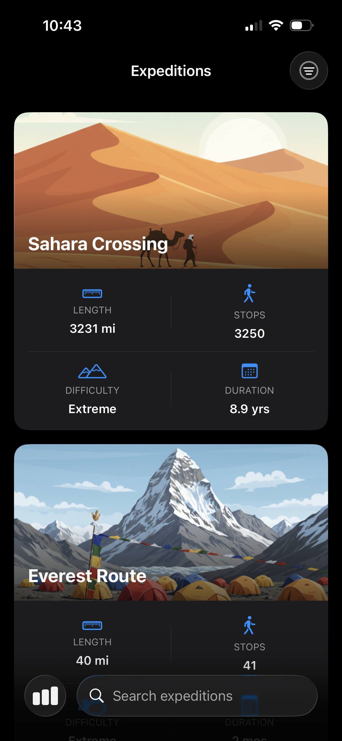 Expeditions List Screen