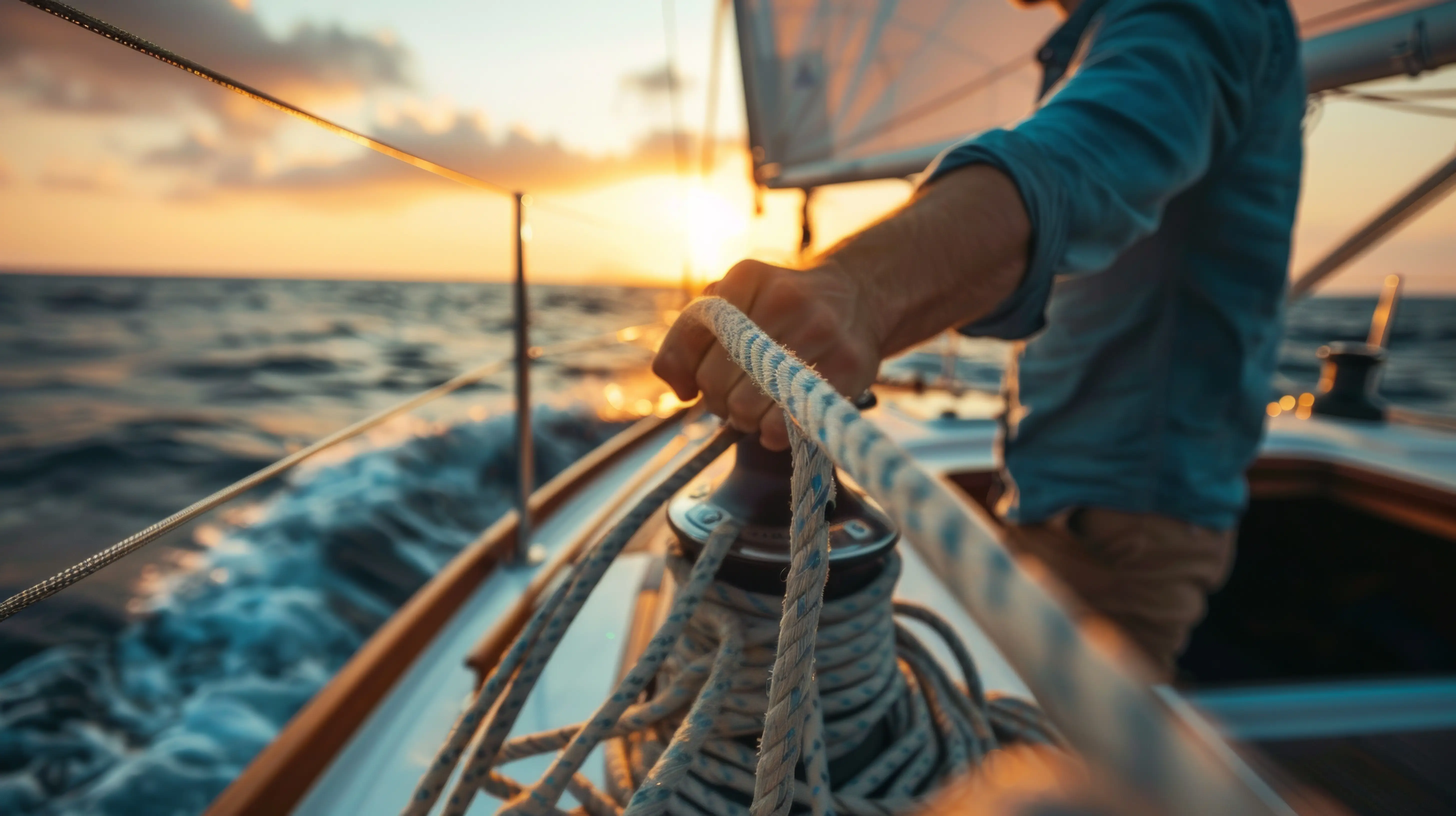Foto di uno skipper che tiene le cime di una nave a vela