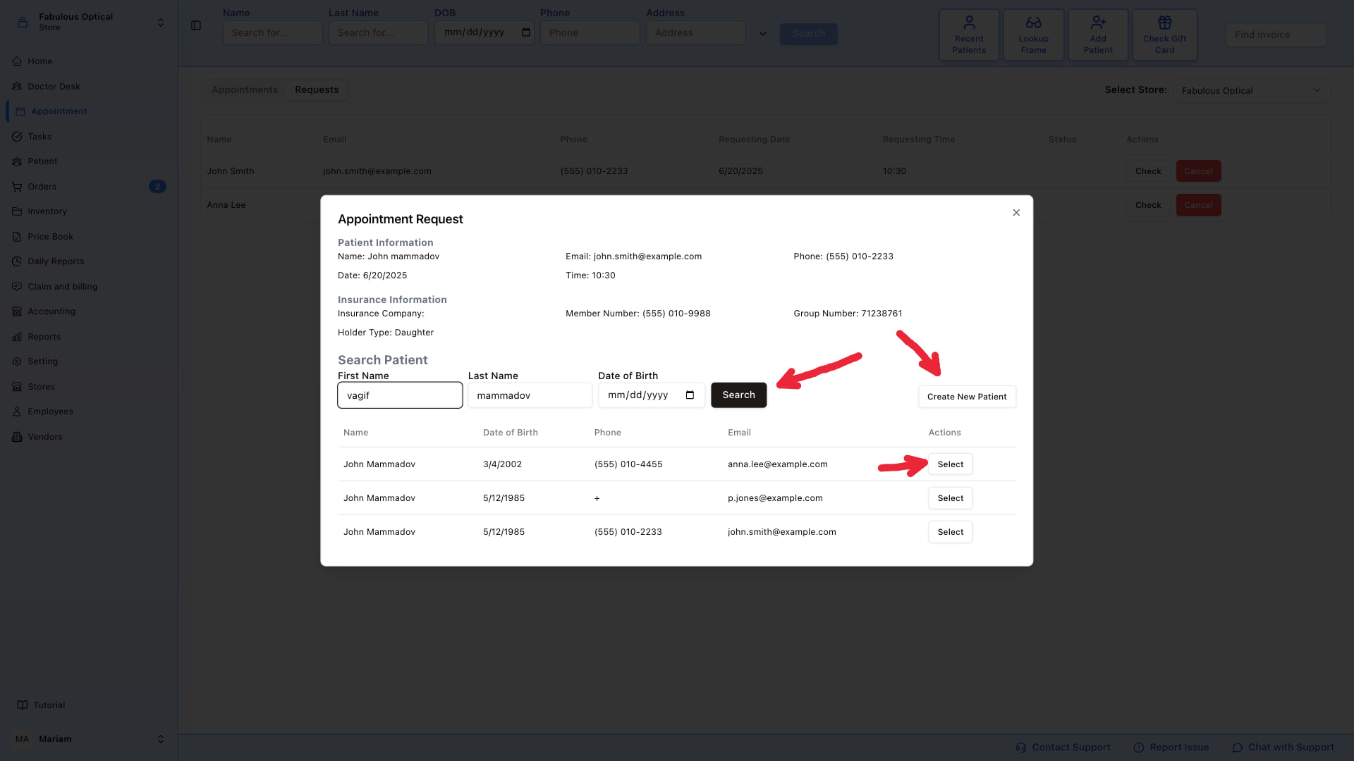 Request detail — patient info and search