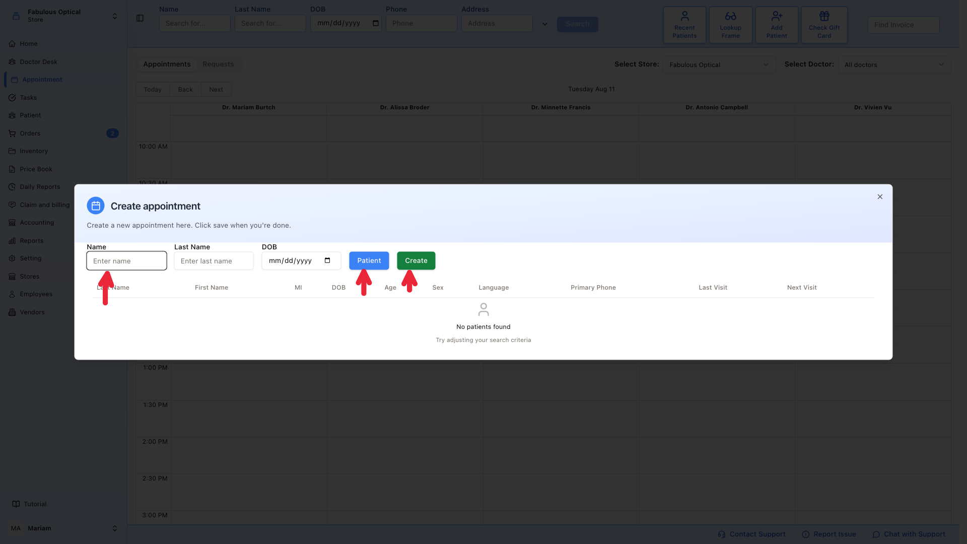 Create appointment — find patient step