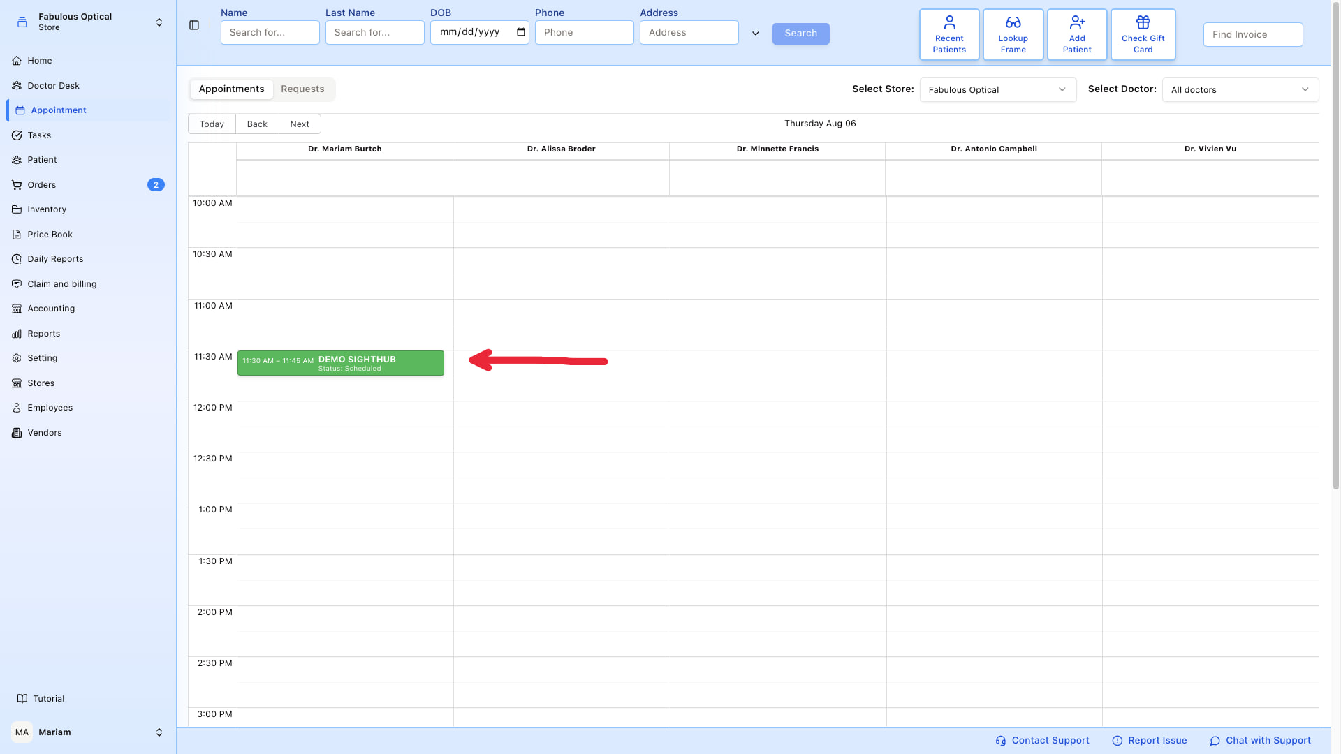 Calendar with a scheduled appointment