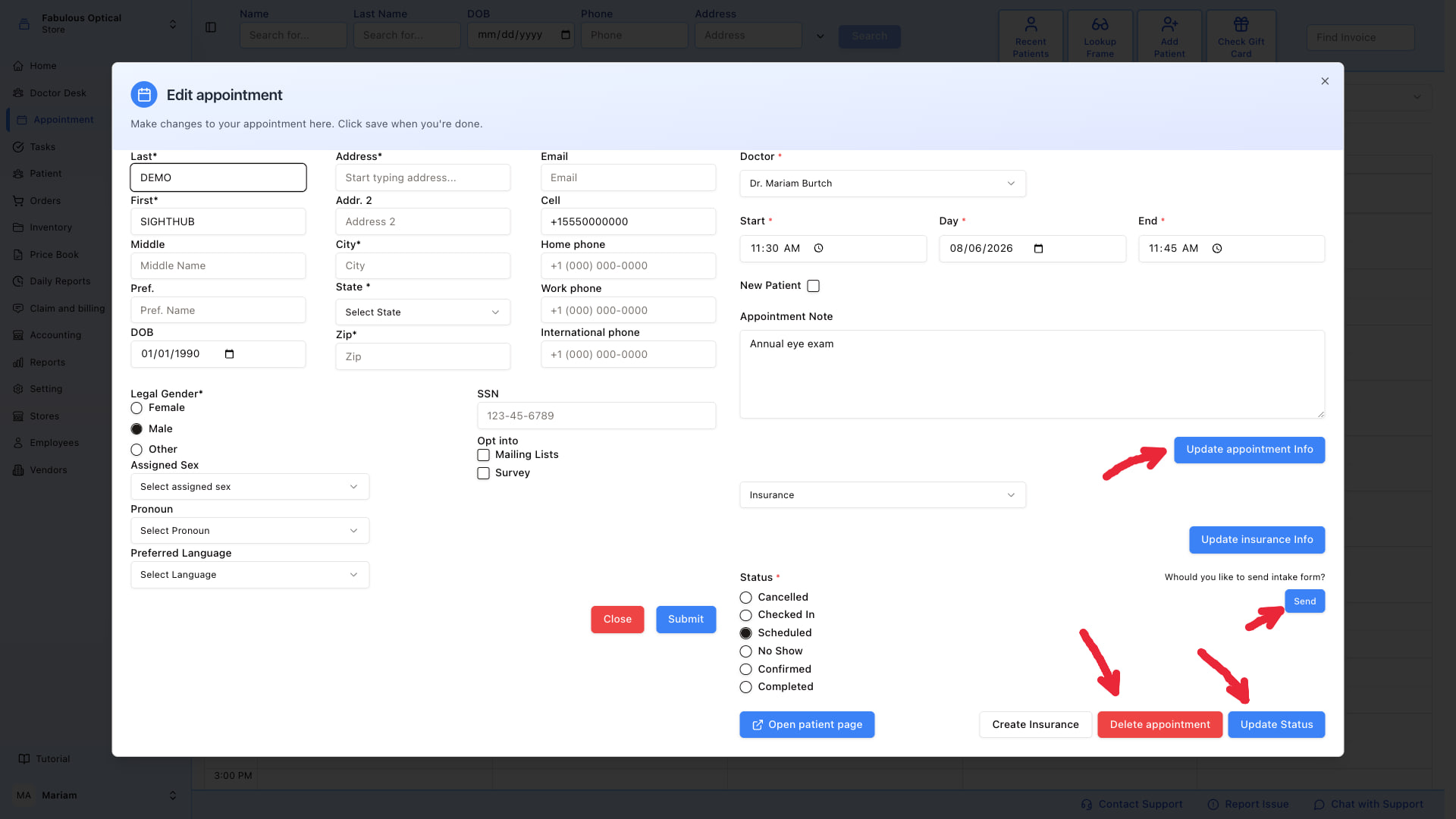 Edit appointment — Send intake form button on the right