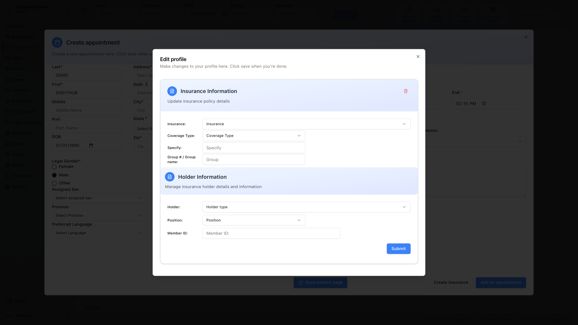 Create Insurance — Insurance Information + Holder Information