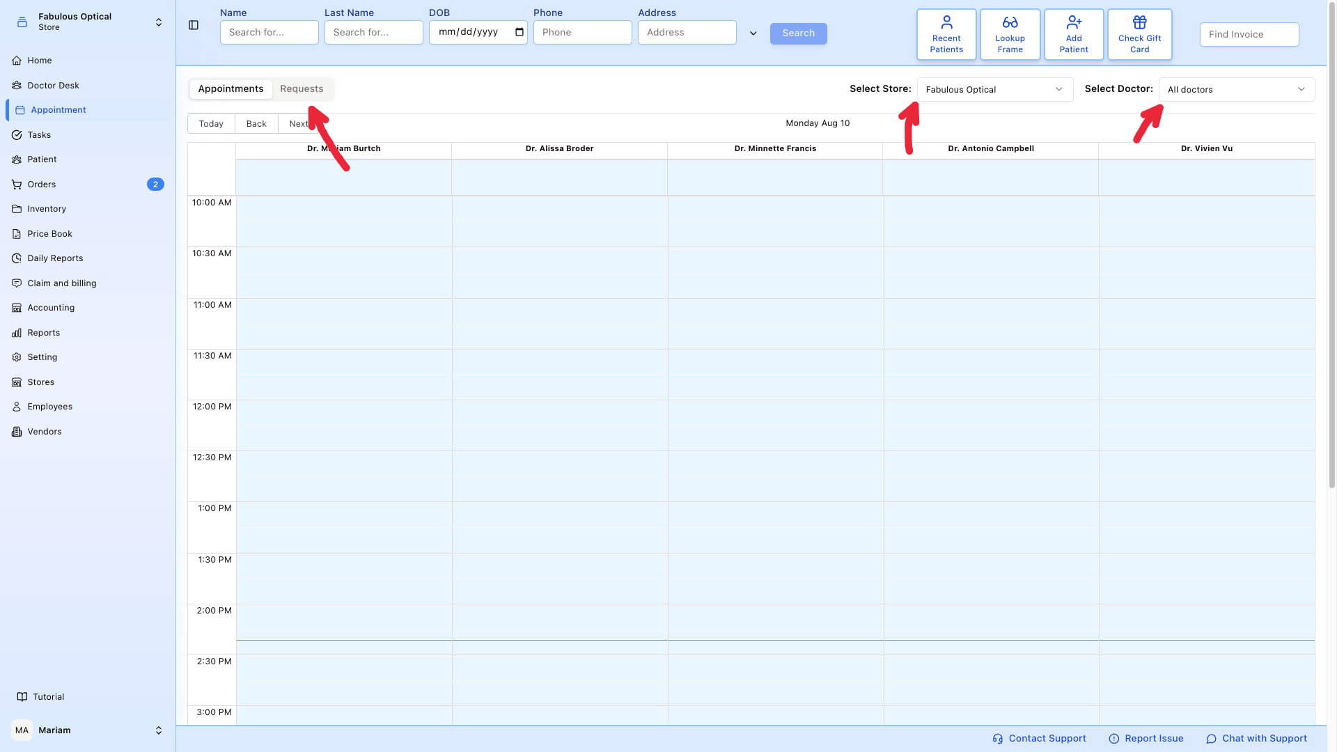 Appointments — day view of the calendar