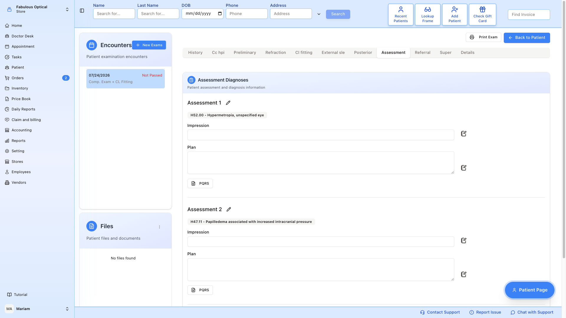 Exam Assessment tab — Diagnoses + PQRS