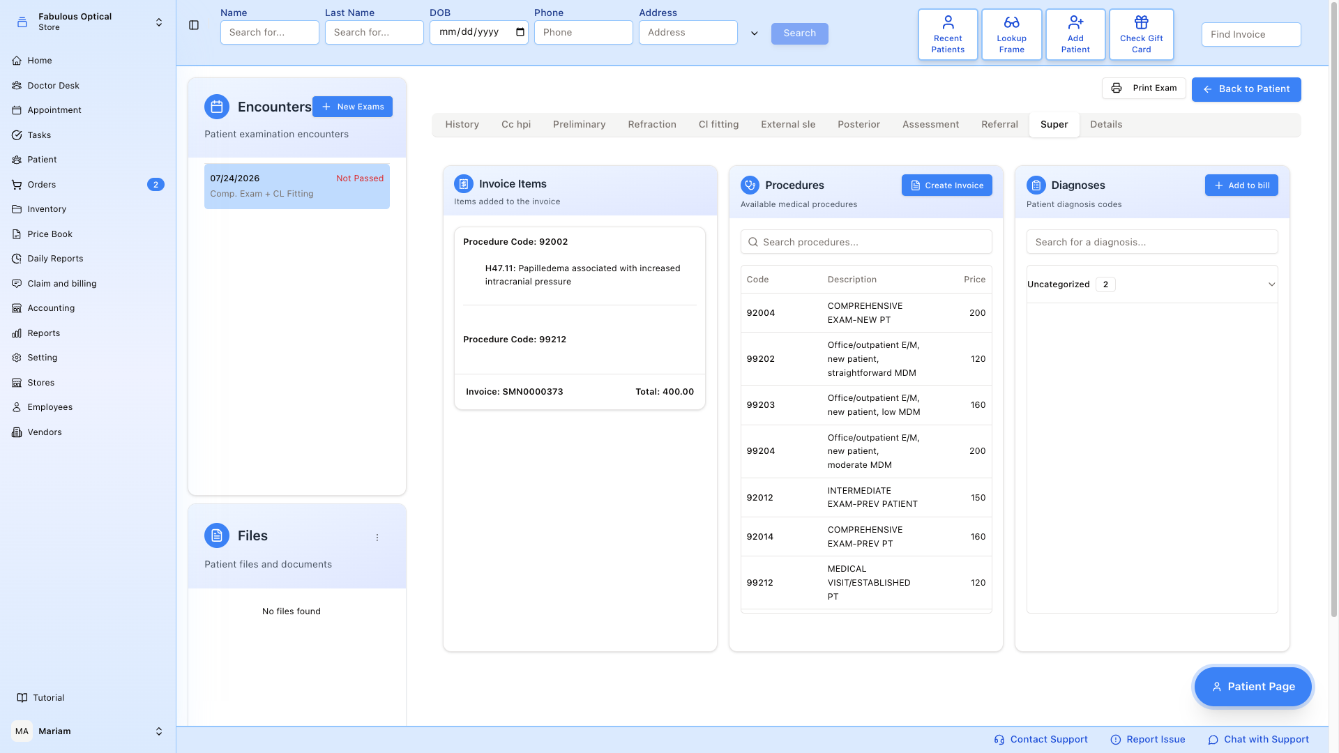 Exam Super tab — Diagnosis / Procedure / Invoice items