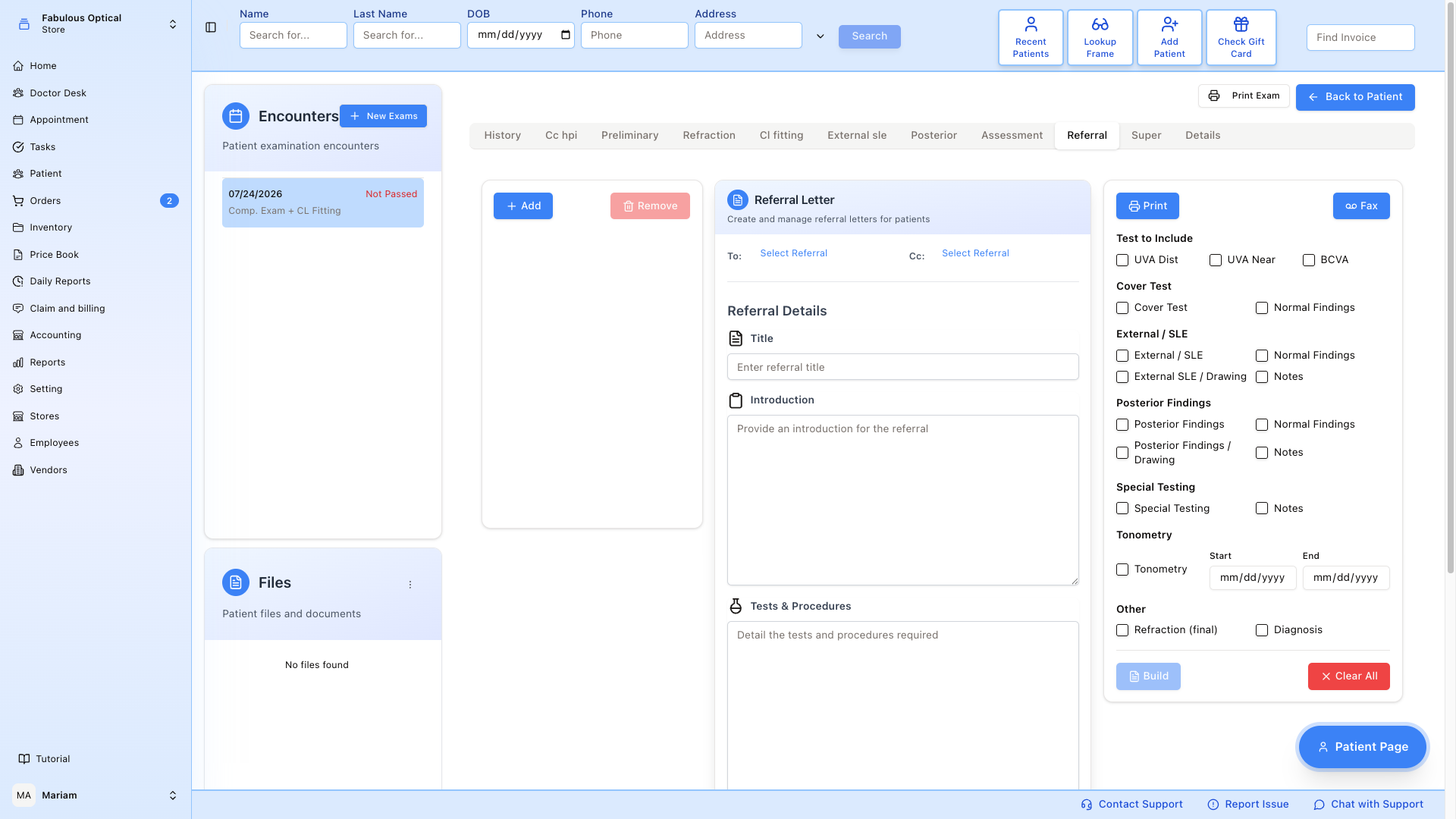 Exam Referral tab
