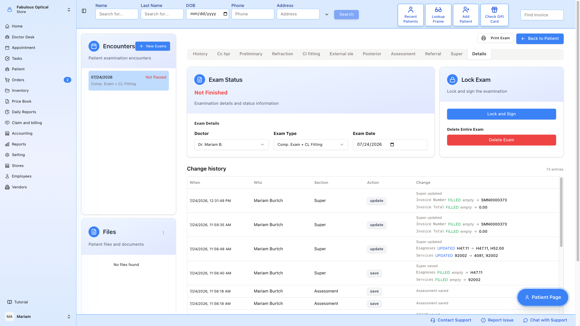 Exam Details tab — sign & lock, delete exam