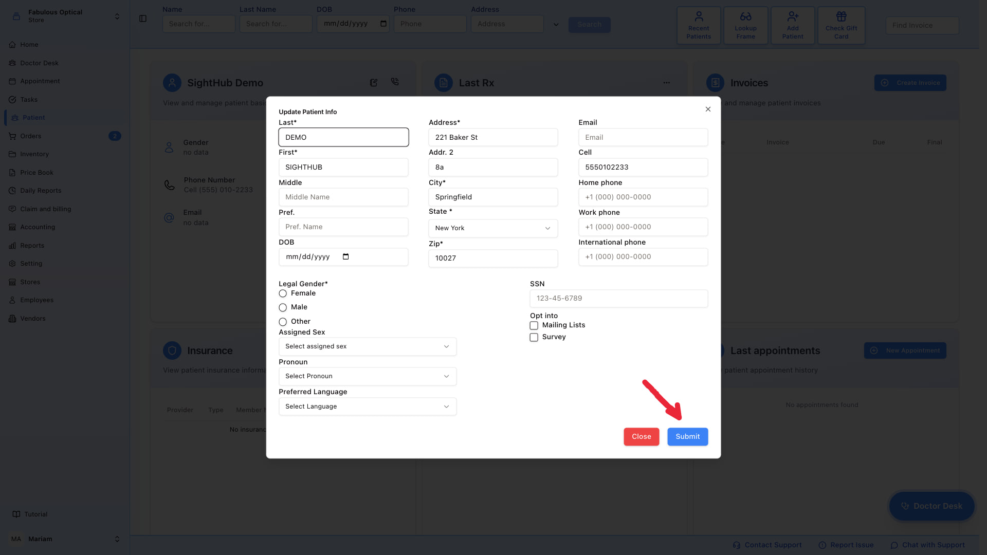 Update Patient Info dialog
