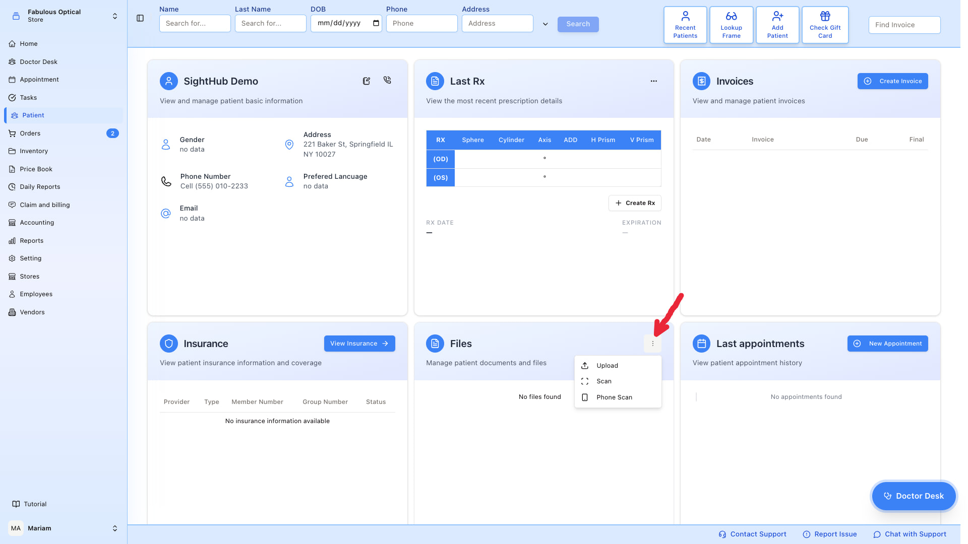 Files widget — three-dot menu open