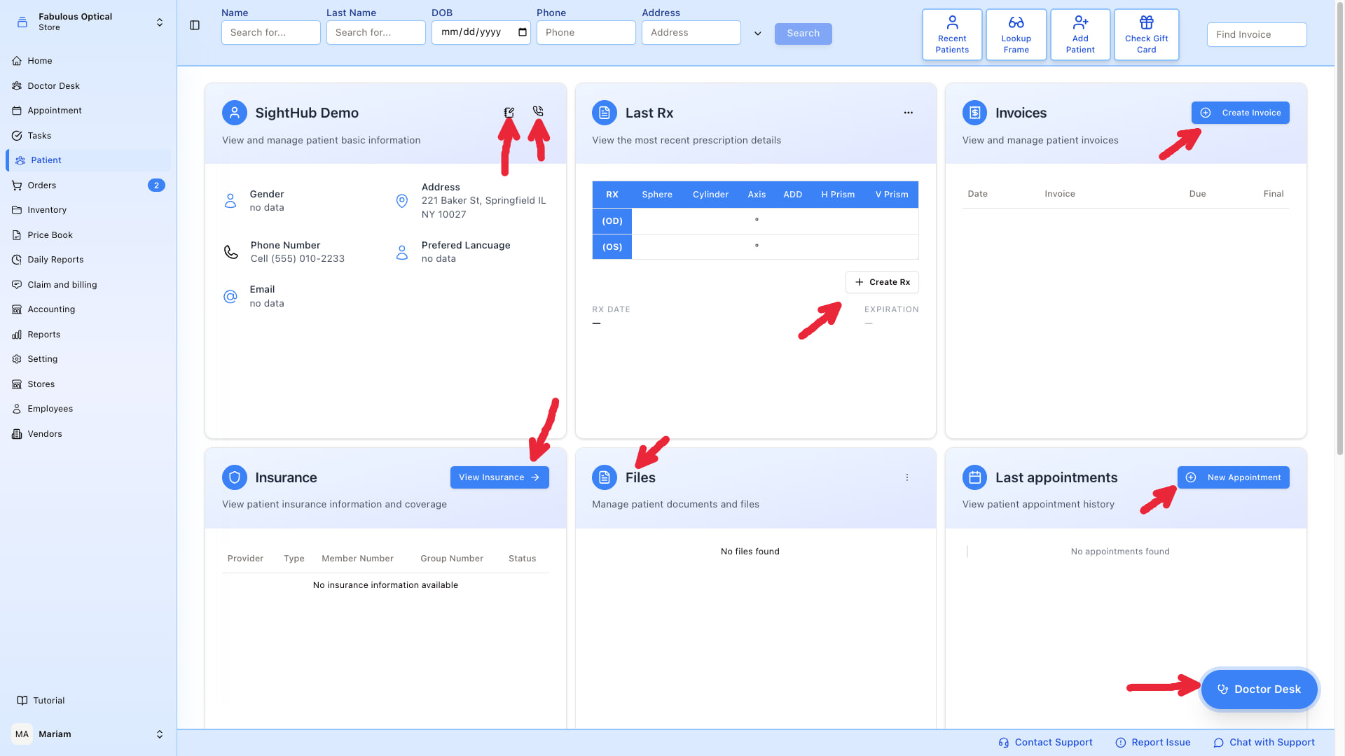 Patient card — nine widgets in three rows