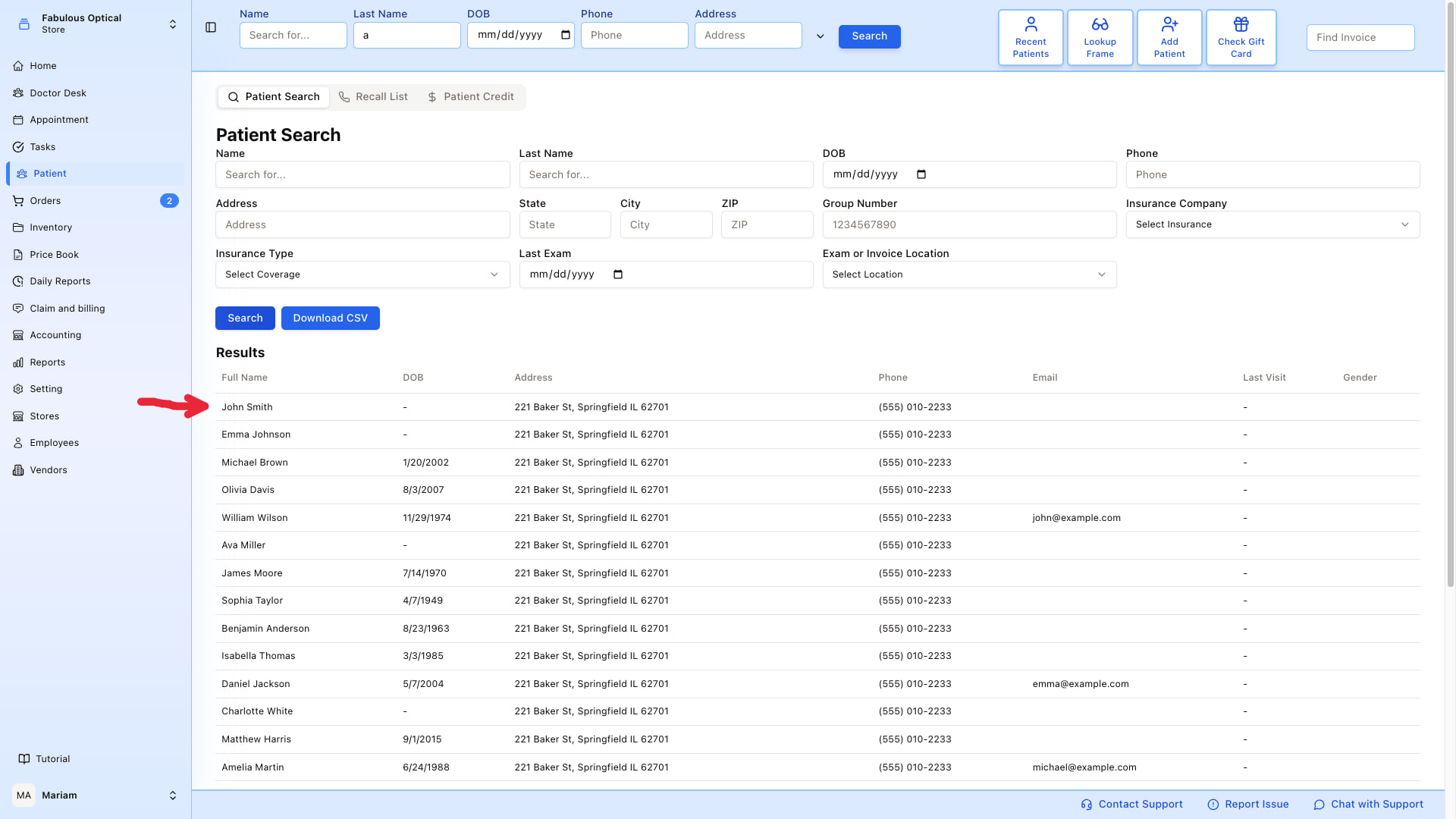 Patient Search — results table