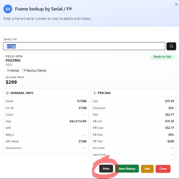 The Print button in the item window
