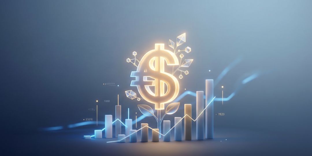 Ilustrasi 3D simbol mata uang yang tumbuh dari grafik trading digital