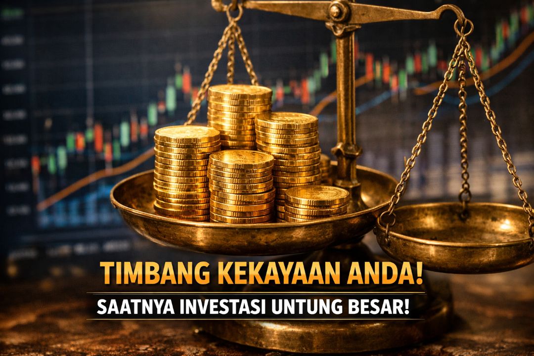 Koin emas di atas timbangan dengan latar belakang grafik finansial.