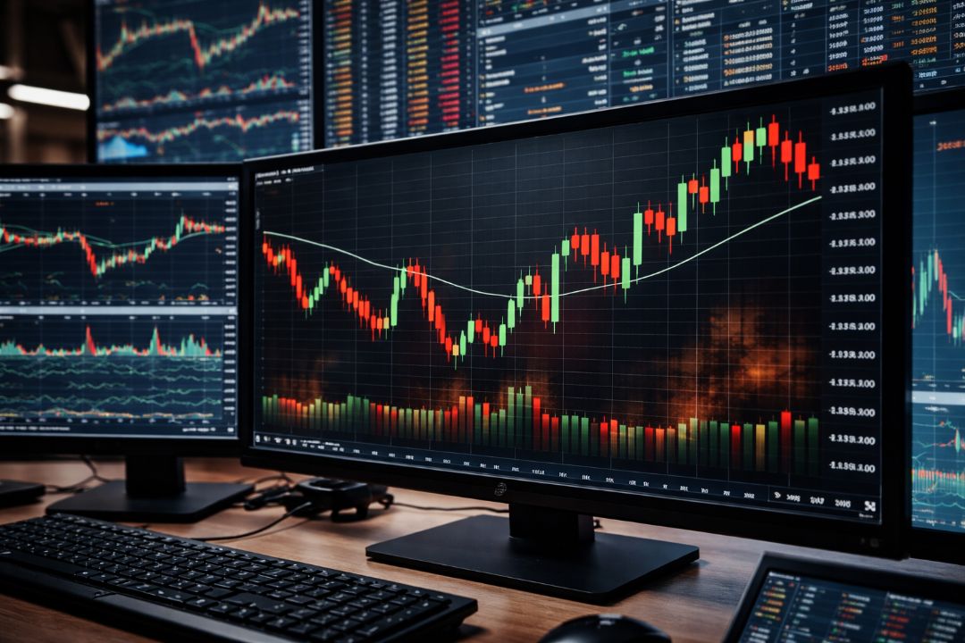 Grafik candlestick trading Jepang berwarna merah dan hijau di layar monitor
