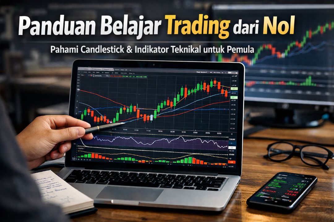 Panduan belajar trading dari nol melalui tampilan chart candlestick dan indikator teknikal bagi pemula.