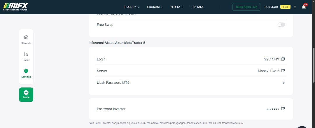 Dashboard Client Area MIFX