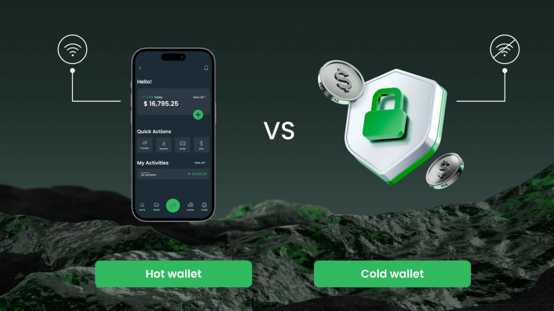 Ilustrasi perbandingan tingkat keamanan antara Hot Wallet yang terhubung internet dan Cold Wallet perangkat fisik yang offline.