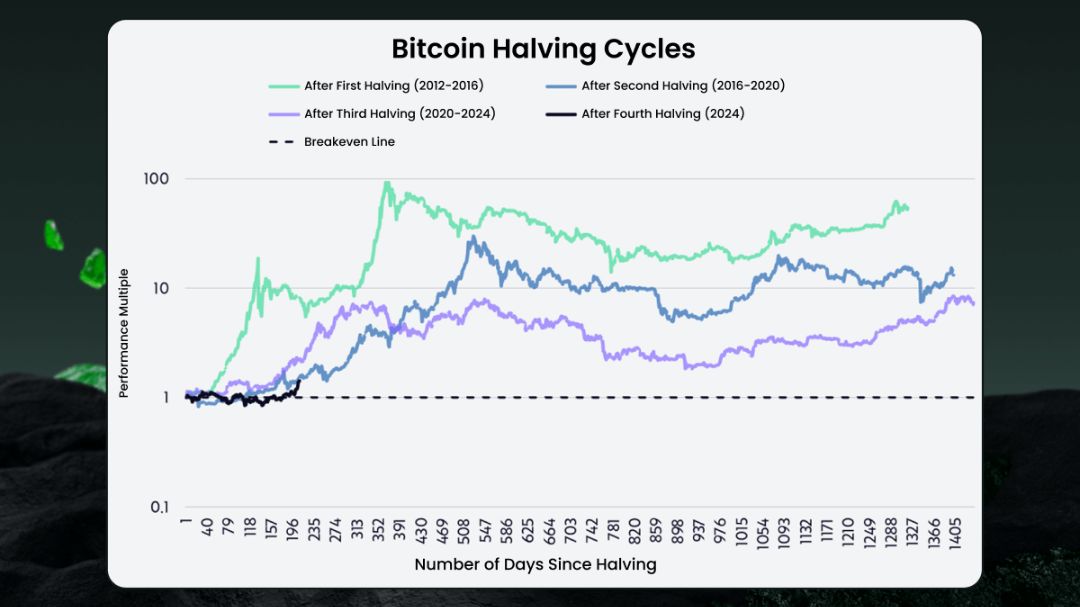 Grafik siklus Halving Bitcoin yang menunjukkan pola lonjakan harga historis setelah setiap fase pemotongan reward.