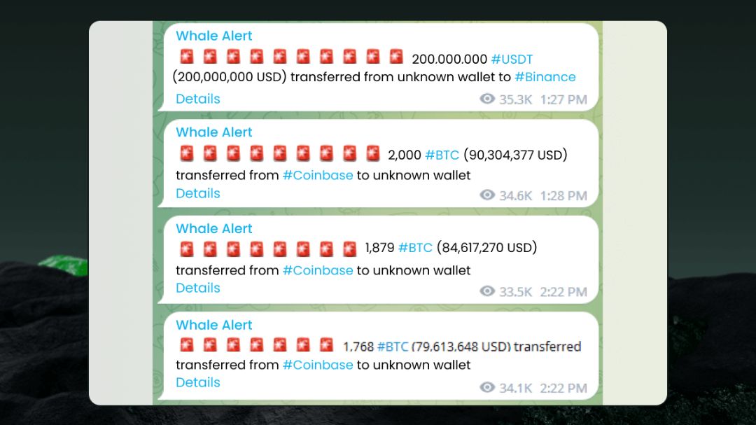 Detail peringatan dari Whale Alert yang menyoroti transfer 200 juta USDT ke Binance dan penarikan (outflow) lebih dari 5.500 BTC dari Coinbase.