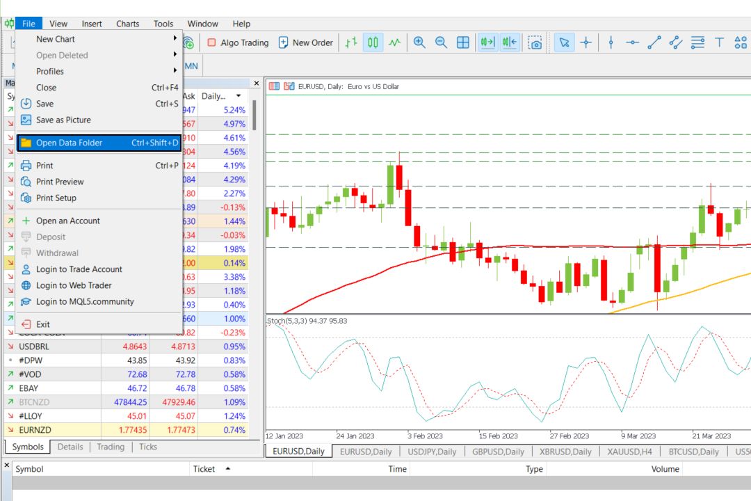 Menampilkan cara membuka Data Folder di MetaTrader 5 melalui menu File untuk menginstal Expert Advisor