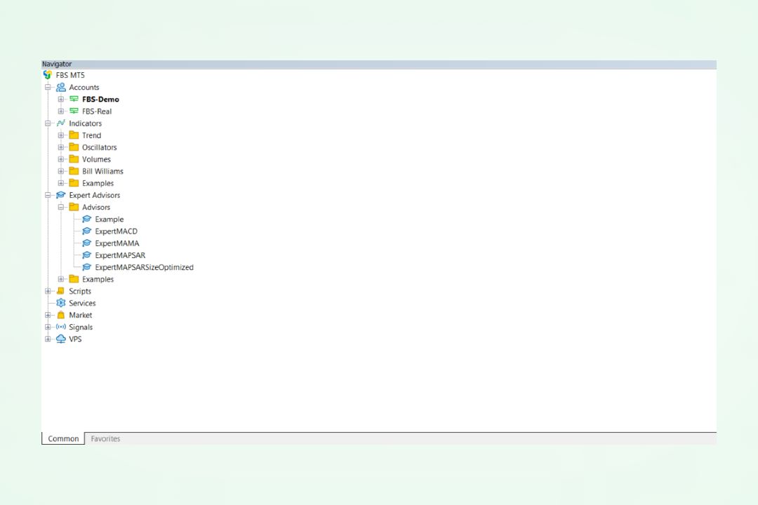Tampilan jendela Navigator di MT5 yang menunjukkan struktur folder untuk Indikator, Expert Advisors, dan Scripts.