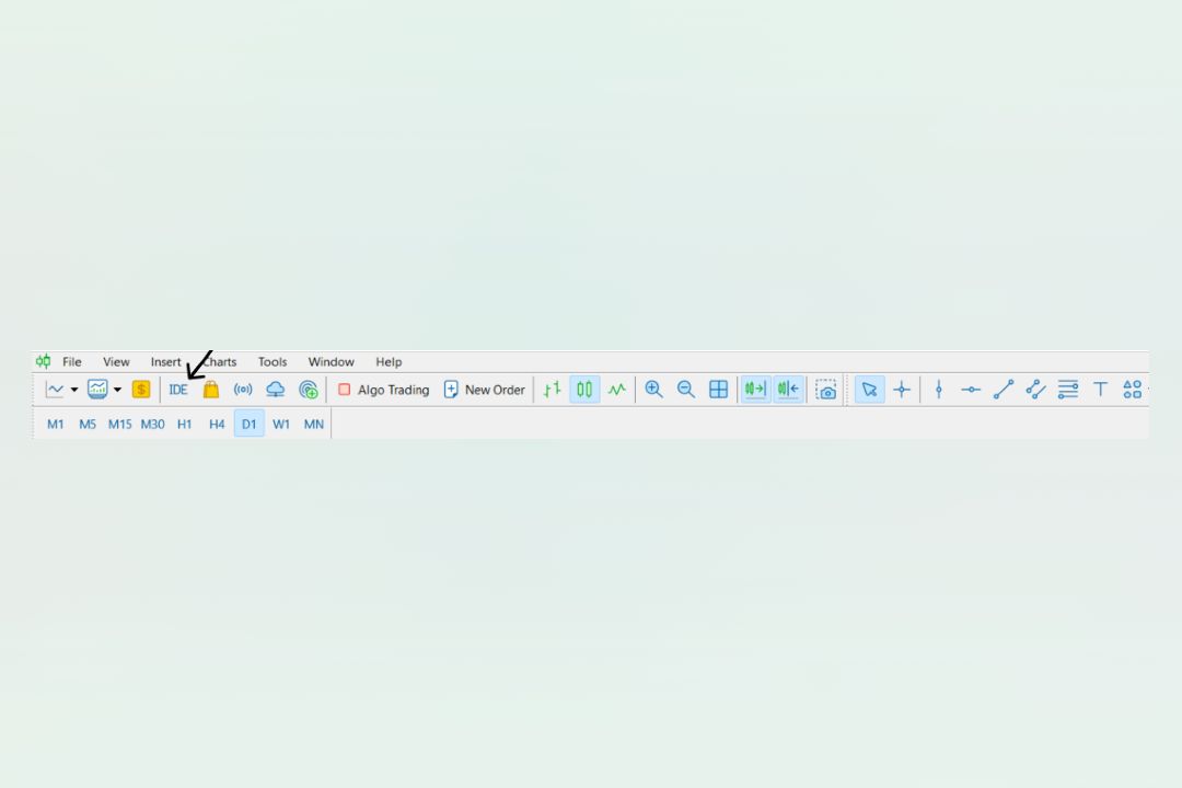 Tombol ikon IDE MetaEditor pada toolbar platform MetaTrader 5 untuk memulai pembuatan EA.