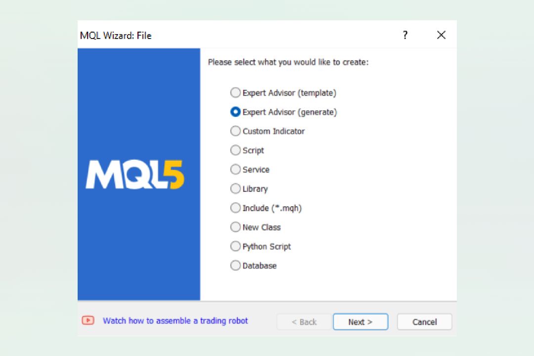 Memilih opsi Expert Advisor (generate) pada menu MQL5 Wizard.