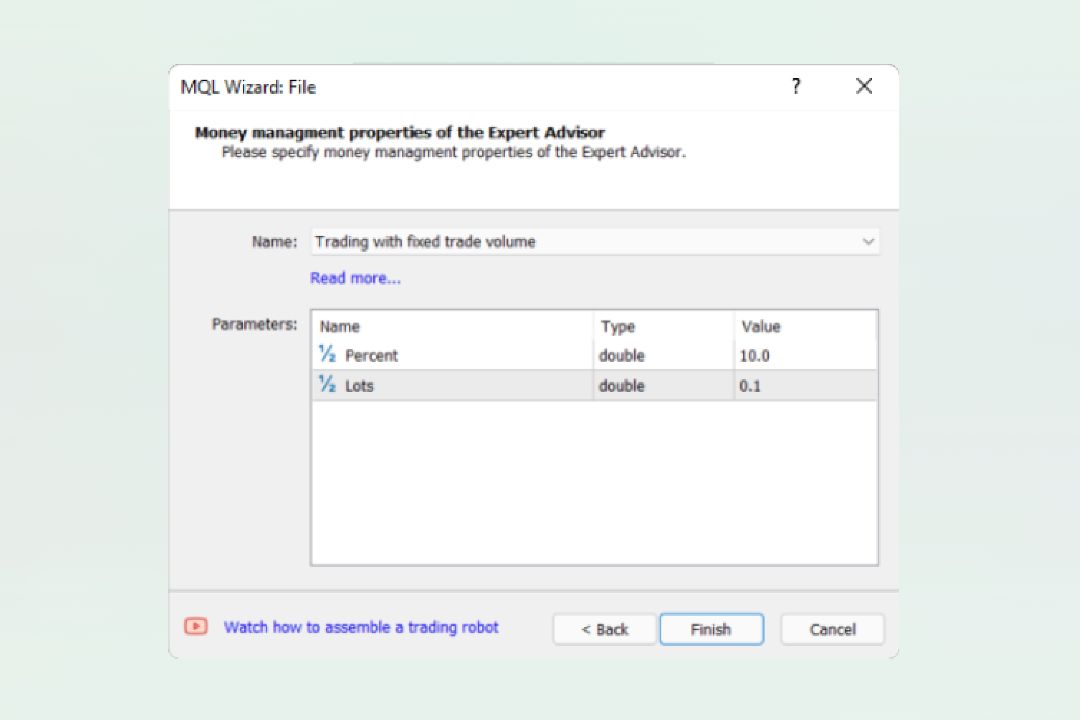 Konfigurasi parameter money management dan volume lot tetap di MQL5 Wizard.
