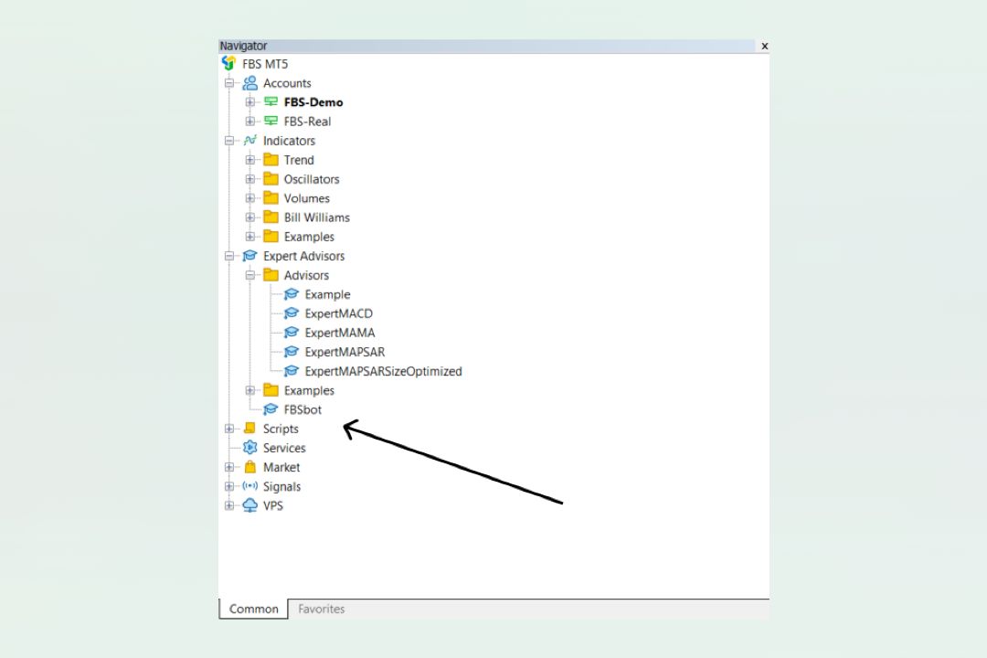 Letak file Expert Advisor yang sudah selesai di-compile pada jendela Navigator MetaTrader 5.