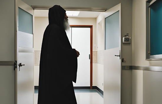 Monk in a Dark Robe Performs Surgery