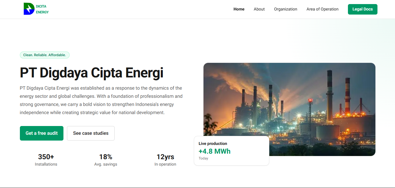 Landing Page Dicita Energy — tampilan website PT. Digdaya Cipta Energi