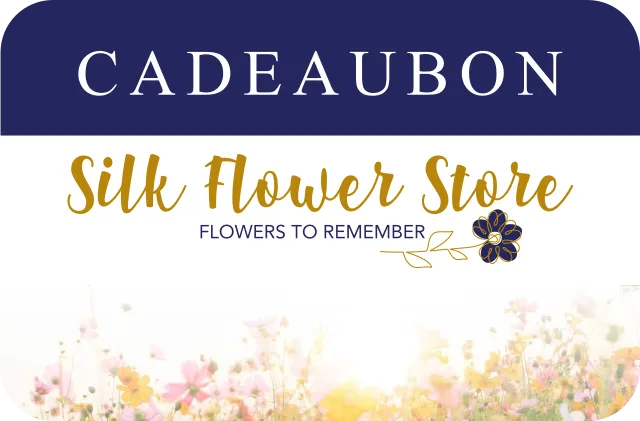 Cadeaubon voor de Silk Flower Store met tekst Flowers to Remember en een veld met kleurrijke bloemen onderaan.