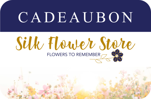 Cadeaubon voor de Silk Flower Store met tekst Flowers to Remember en een veld met kleurrijke bloemen onderaan.