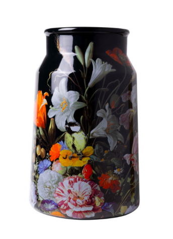 Zwarte keramieken vaas van 30 cm met een kleurrijk klassiek bloemendesign en vogels in de stijl van oude meesters.