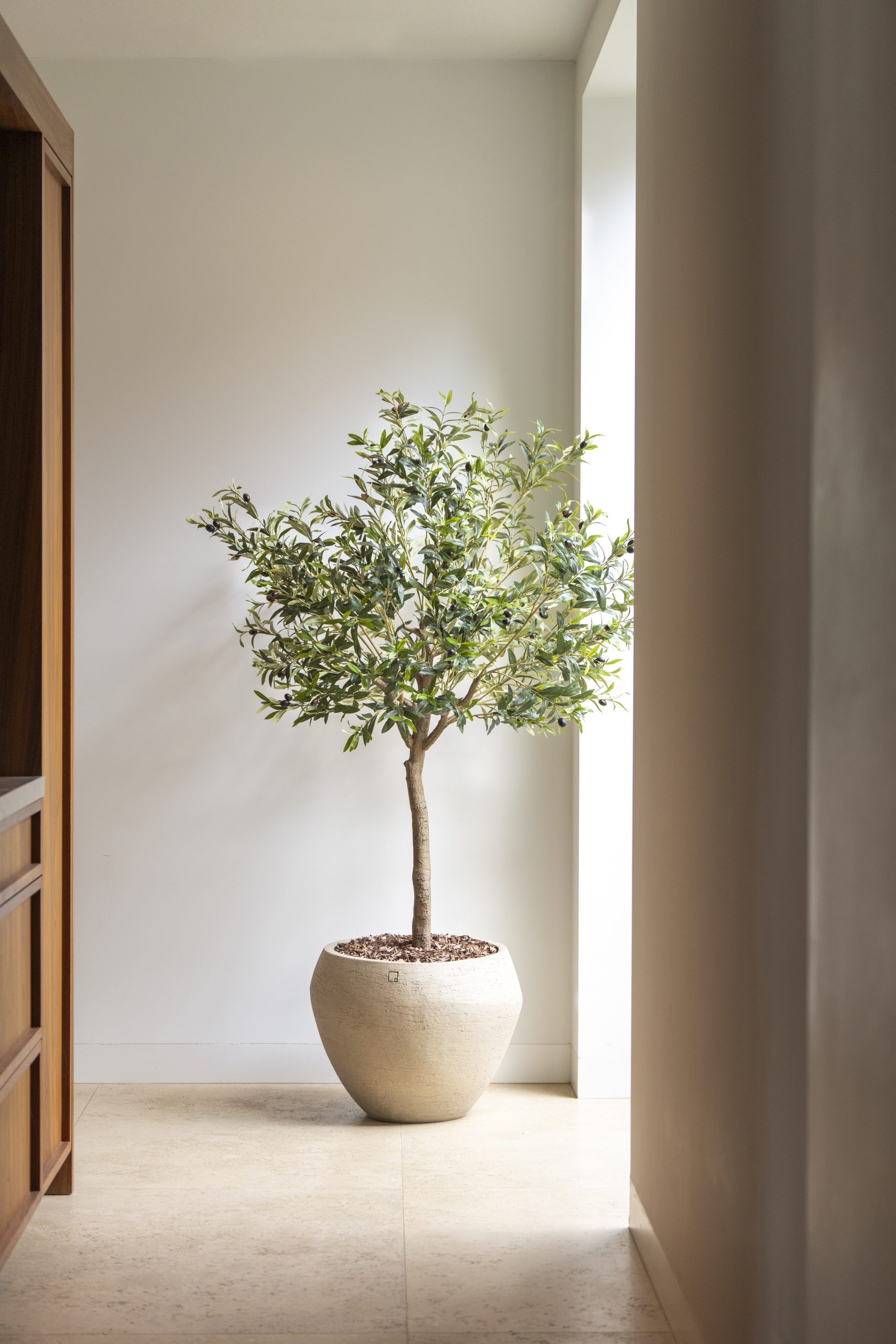 Kunstmatige olijfboom van 180 cm in een beige keramieken pot, geplaatst in een licht, modern interieur.