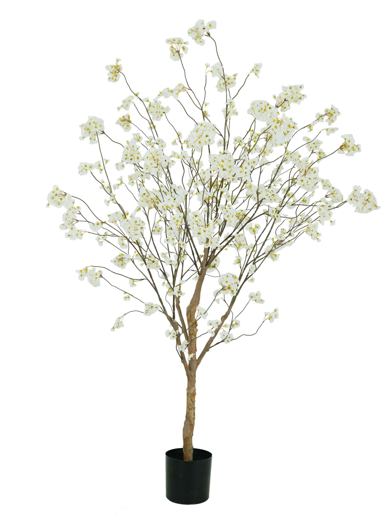 Een elegante kunstmatige bloesemboom met crèmekleurige bloemetjes in een zwarte pot tegen een witte achtergrond.