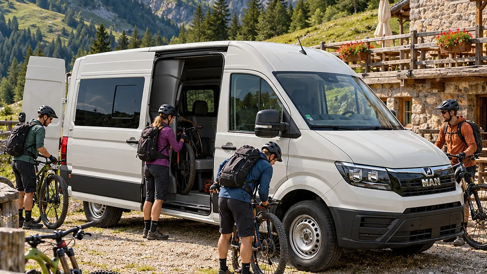 Un gruppo di ciclisti si prepara per un'avventura in montagna con il proprio furgone MAN attrezzato.