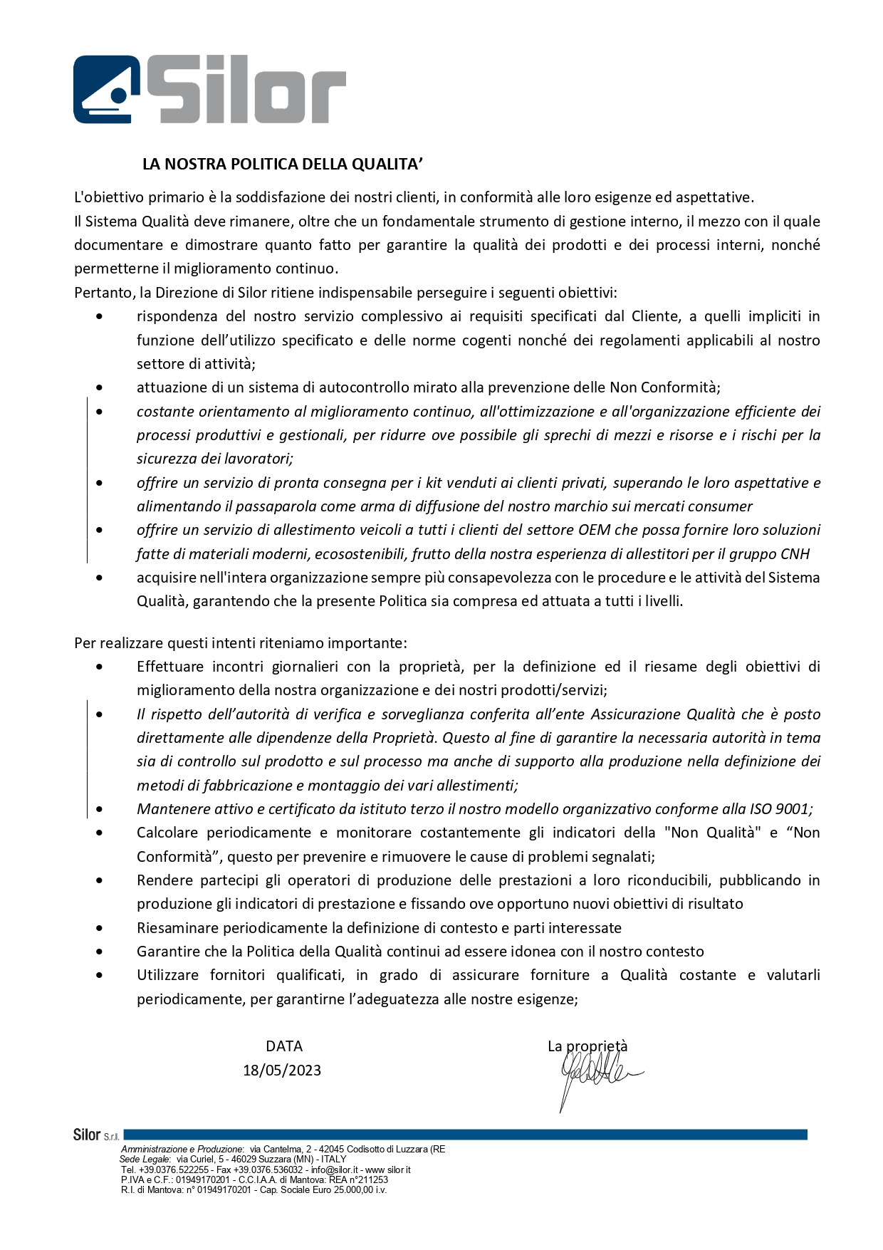 Un'immagine che mostra la politica di qualità di Silor S.r.l. con la data 18/05/2023 e la firma della proprietà.