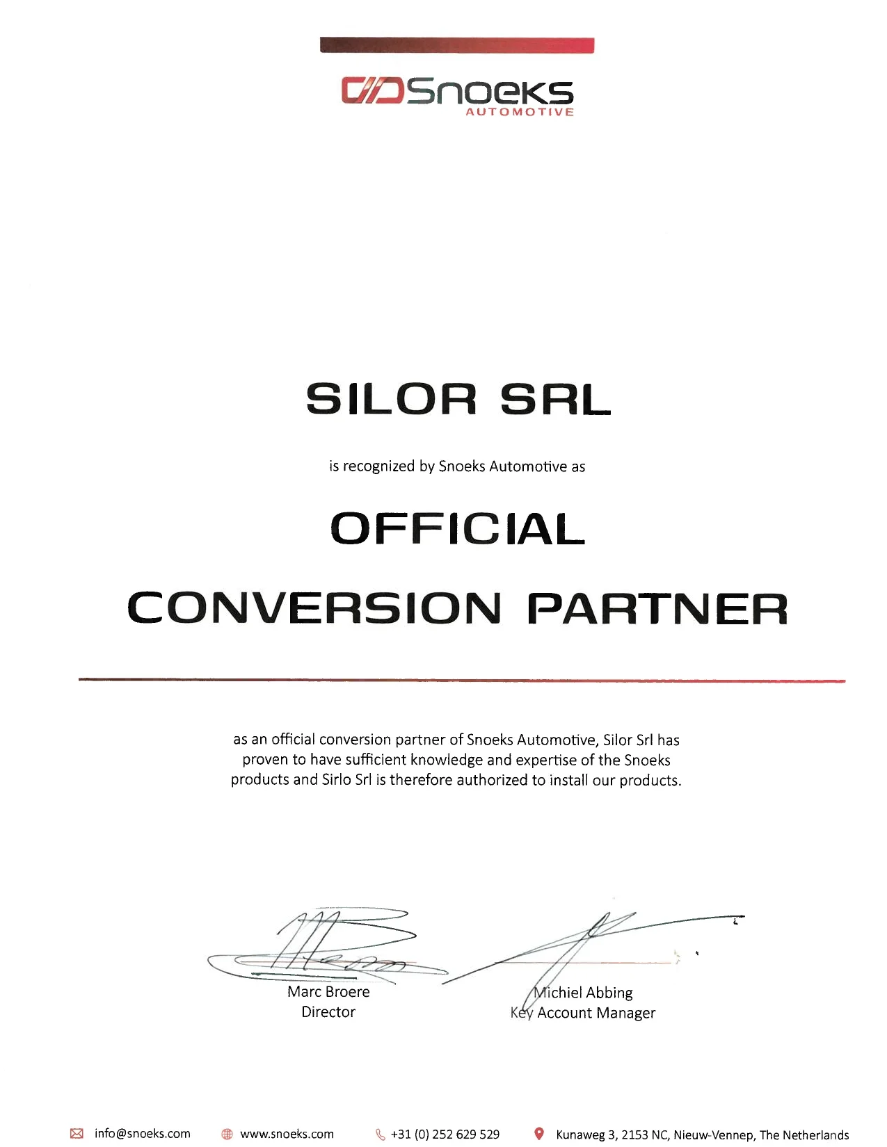 Certificato di partnership di Snoeks Automotive con SILOR SRL come partner di conversione ufficiale.