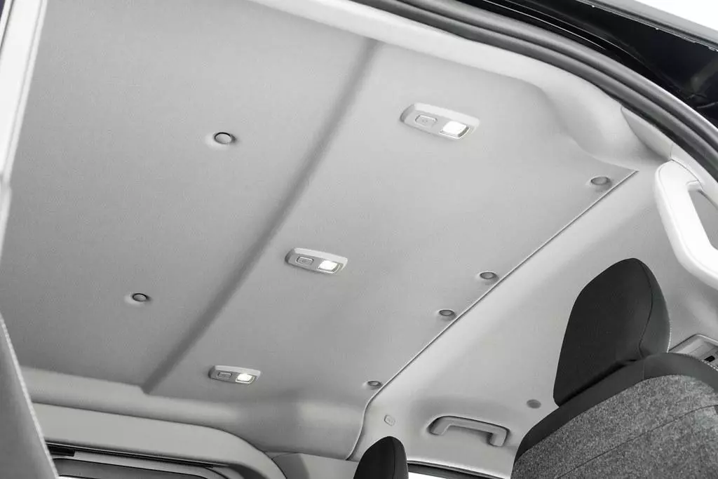 Interno di un'auto con tetto chiaro e luci di lettura.