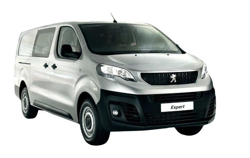Furgone commerciale Peugeot Expert color argento su sfondo nero.