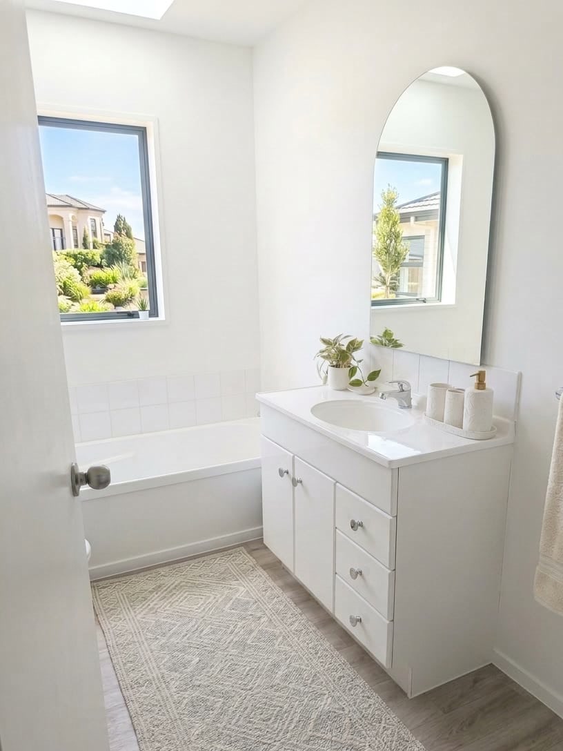 Bathroom with a white vanity, arched mirror, patterned runner rug, cream towel on the rail and a small plant beside the basin